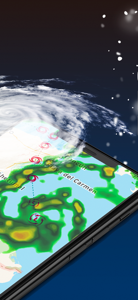 NOAA Radar & Weather Forecast - A smartphone screen displaying the NOAA Radar app with a hurricane tracking path and storm intensity layers on a map.