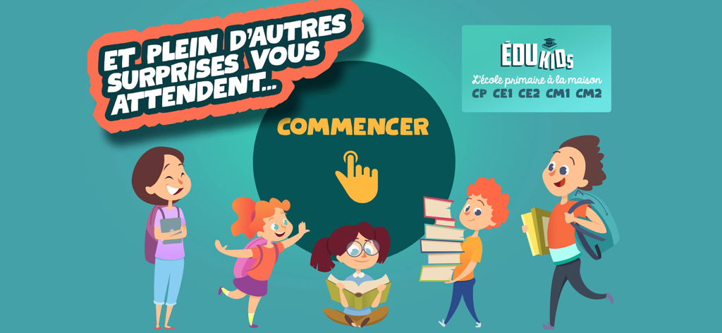 EduKids Ecole Primaire - Tela inicial do aplicativo EduKids Ecole Primaire com crianças escolares ilustradas e um botão de início