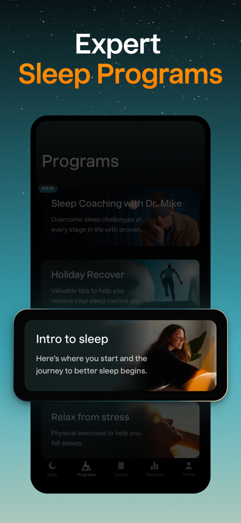 Sleep Cycle mobile app interface showing a list of expert sleep coaching programs