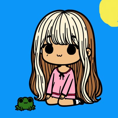 girl with long hair bangs and tiny frog