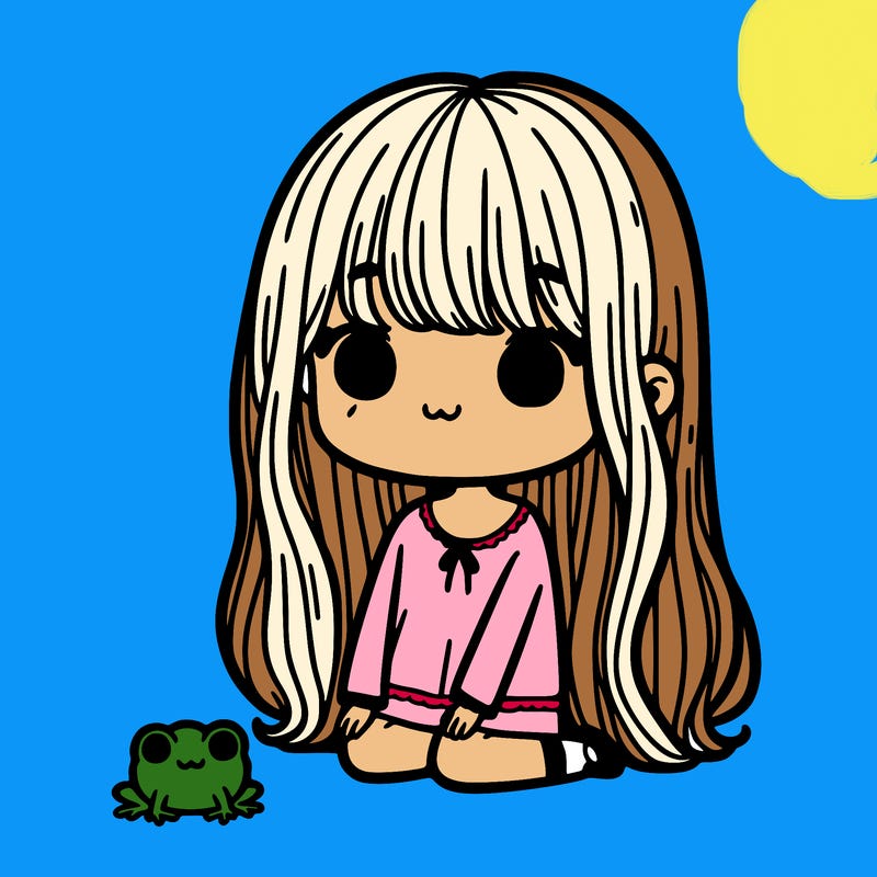 girl with long hair bangs and tiny frog