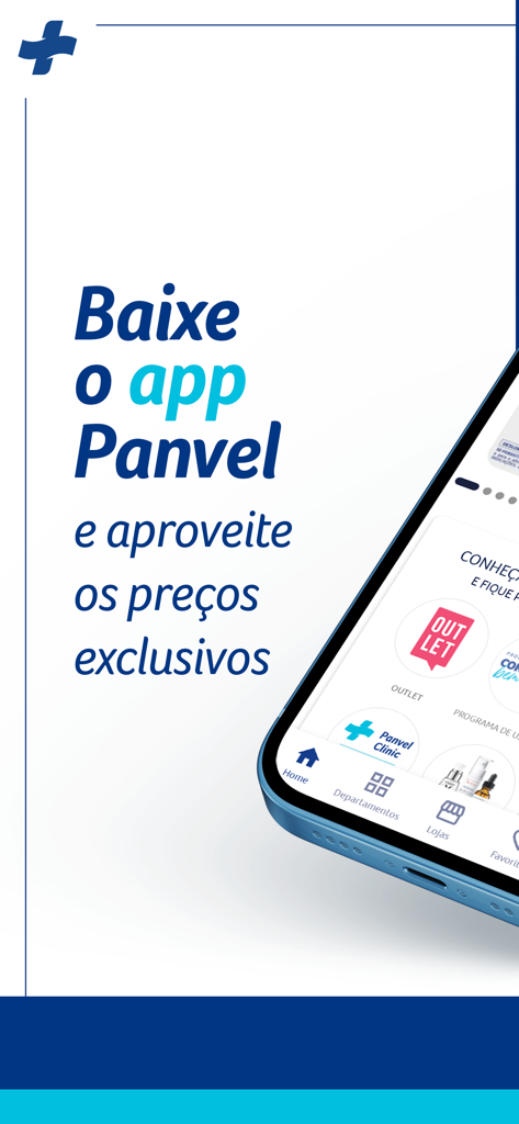 Panvel Farmácia e Perfumaria - Promotional screen for the Panvel pharmacy app showing a smartphone with product categories and exclusive price offers