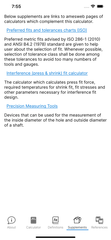Supplements screen in the Fit Tolerance ISO app showing links to engineering charts and additional calculators.