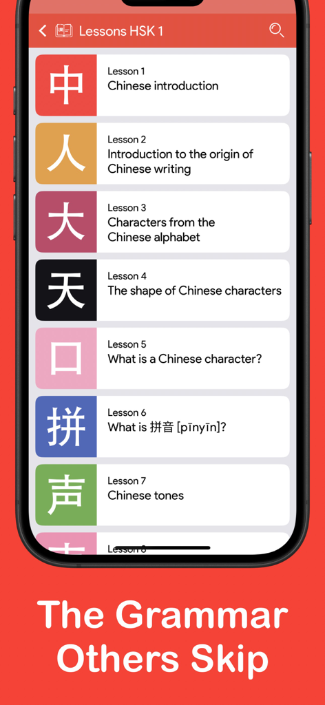 A list of HSK 1 introductory Chinese lessons focusing on characters pinyin and tones