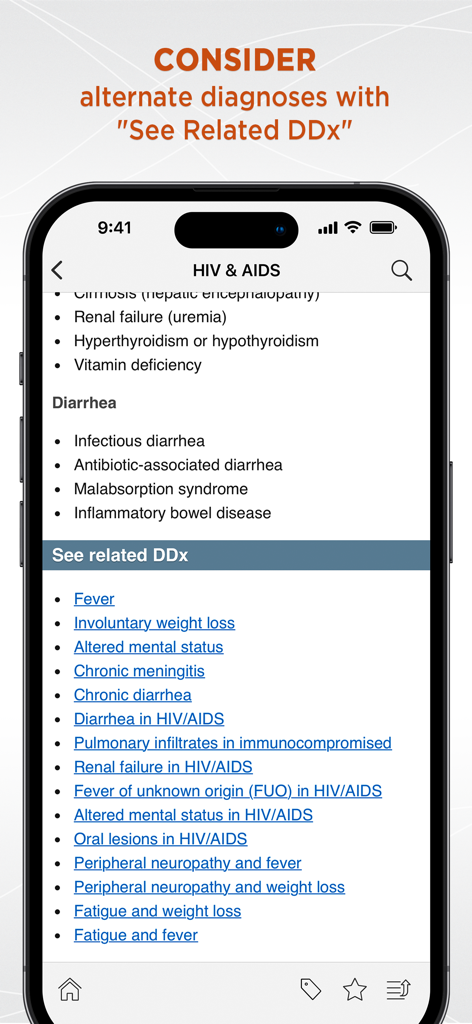 Diagnosaurus DDx app interface showing alternate medical diagnoses for clinical decision support