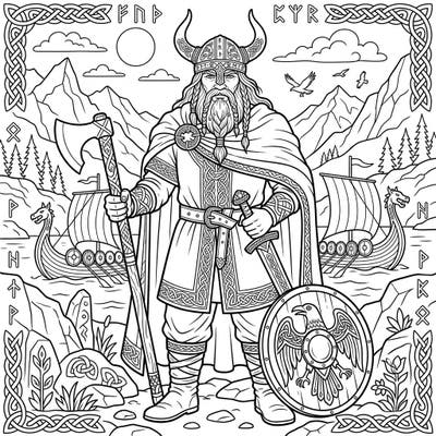 Step into the world of Norse legends with this captivating Jarl coloring page. Featuring a powerful Viking chieftain amidst a scenic Nordic landscape, it's perfect for historical and fantasy art enthusiasts.