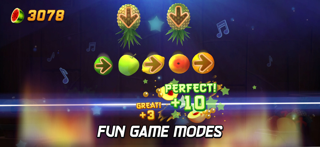 Rhythm-based gameplay in Fruit Ninja 2 showing fruit slicing with directional arrows and music notes