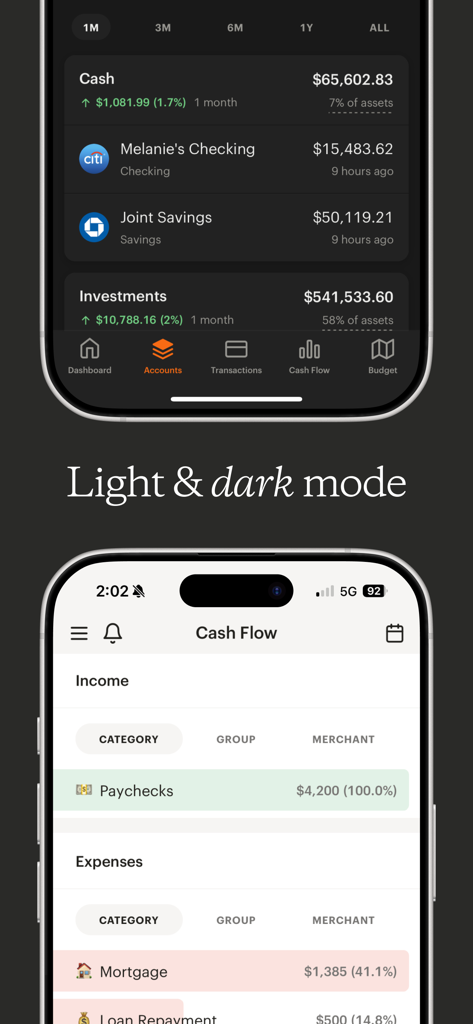 Monarch: Budget & Track Money - Monarch Money app interface displayed in both light and dark mode showing accounts and cash flow
