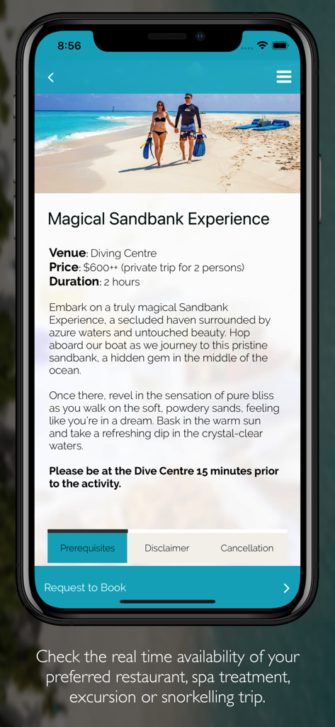 JA Manafaru app screen for booking a Magical Sandbank Experience excursion