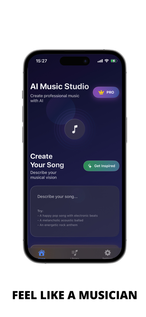 Oberfläche der Songer AI App, die das Musikstudio zeigt, in dem Benutzer Musik mit künstlicher Intelligenz beschreiben und generieren können