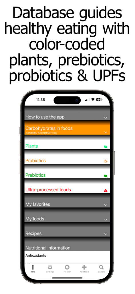 Carb Counter and Tracker - Carb Counter app screenshot displaying color coded categories for plants probiotics prebiotics and ultra processed foods