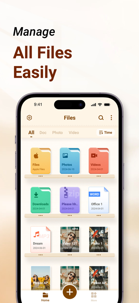 Space Cleaner: File Manager - Interfaz de la app Space Cleaner que muestra categorías de archivos organizadas como fotos, videos y documentos en un iPhone