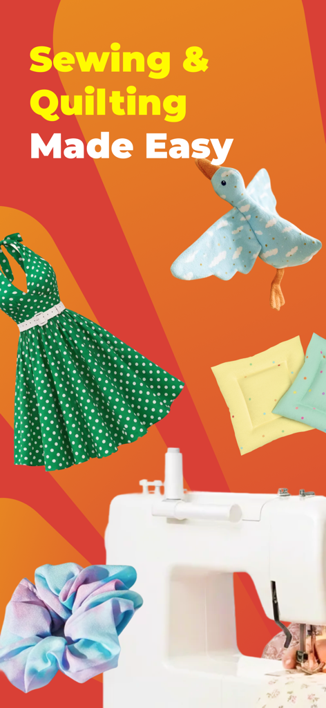 SewPal - Sewing Guides & Ideas - Grafica che mostra una macchina da cucire circondata da progetti come un vestito a pois e un uccello di peluche con il testo Cucito e Trapuntatura resi facili