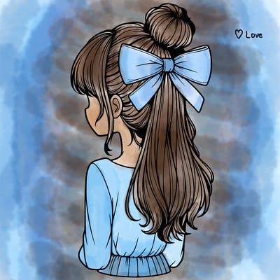realistic girl  with hip length hair a bun and a big bow on the back of head