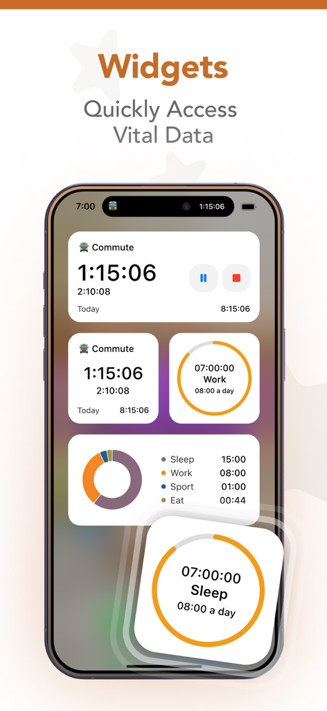 iPhone screen displaying aTimeLogger widgets for time tracking and productivity statistics.