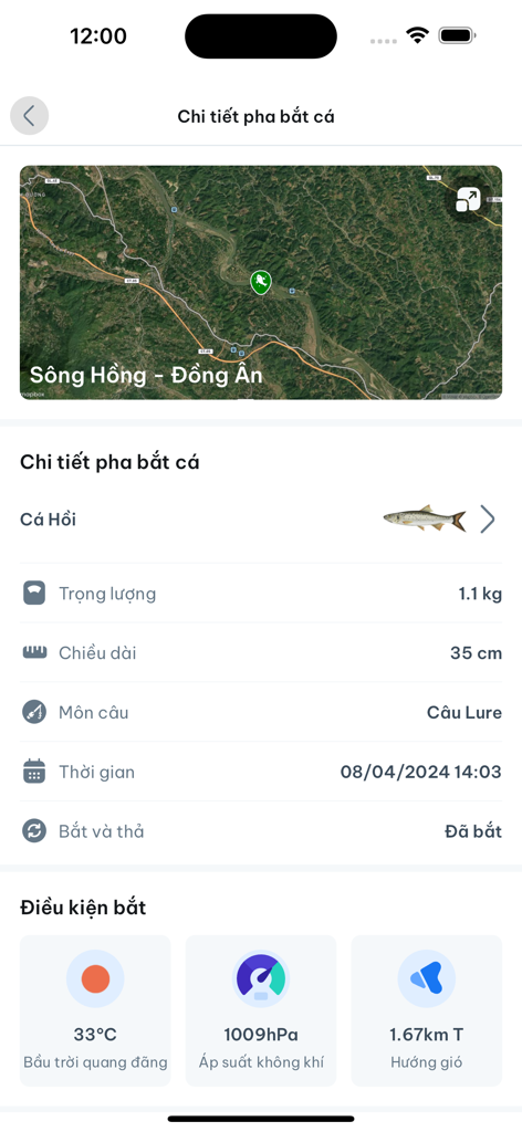 Fishmap - Fishmap app screenshot showing detailed catch information including a map location, fish species specs, and environmental conditions like air pressure and temperature.