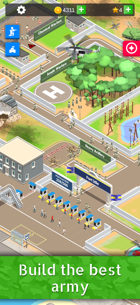 Isometric view of the Idle Army Base tycoon game featuring training zones and military troops