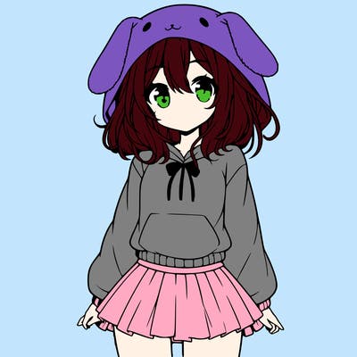 pretty anime girl wearing a fluffy hoodie with bunny ears on the hood and a skirt