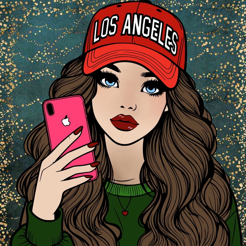 realistic beautiful girl wearing los ángeles cap holding an iphone
