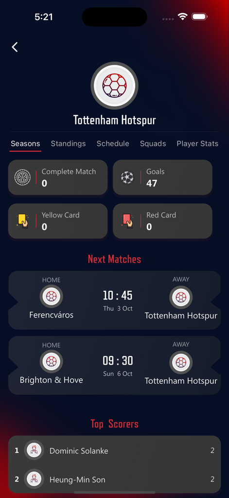 Hola Football Live - Vista del perfil del equipo Tottenham Hotspur que muestra los goles y el calendario de próximos partidos.
