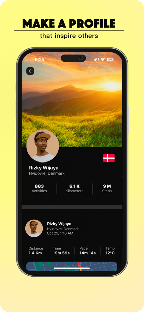 Um smartphone exibindo a tela de perfil do usuário fitAnalytica com estatísticas de fitness e histórico de atividades
