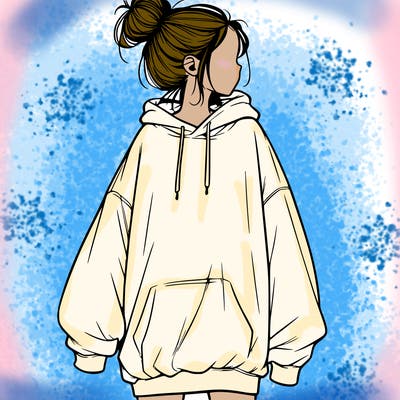 realistic girl with a oversized sweatshirt on and a bun