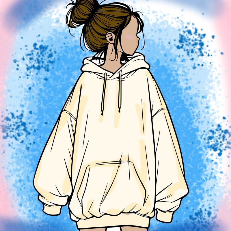realistic girl with a oversized sweatshirt on and a bun