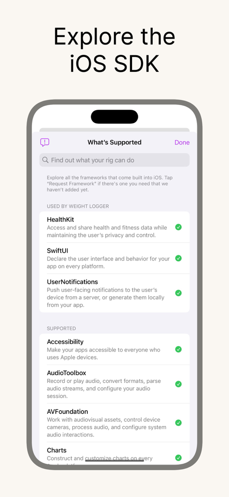 bitrig - Interfaz de la app Bitrig mostrando una lista de frameworks del SDK de iOS compatibles para el desarrollo de apps