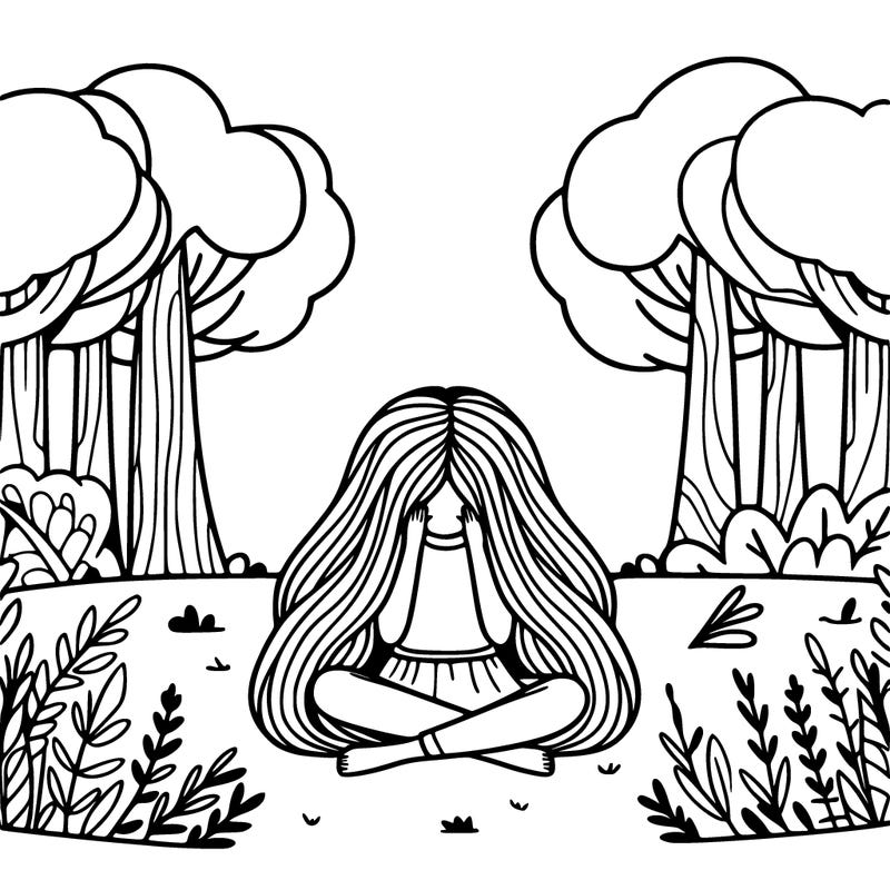 a girl with long flowing hair sitting down with her head in her hands in the middle of a calm forrest