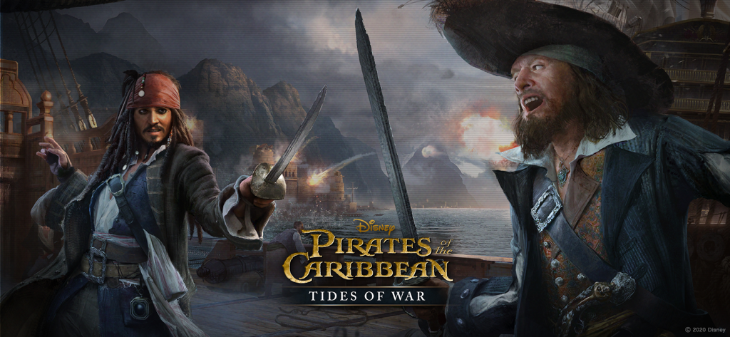 Le Capitaine Jack Sparrow et Barbossa se battant à l'épée sur un navire dans le jeu mobile Pirates des Caraïbes : Tides of War