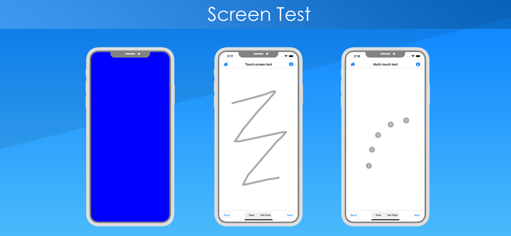 Test & Check for iPhone - Interface of the Test and Check app showing various iPhone screen diagnostic tests like color touch and multi-touch