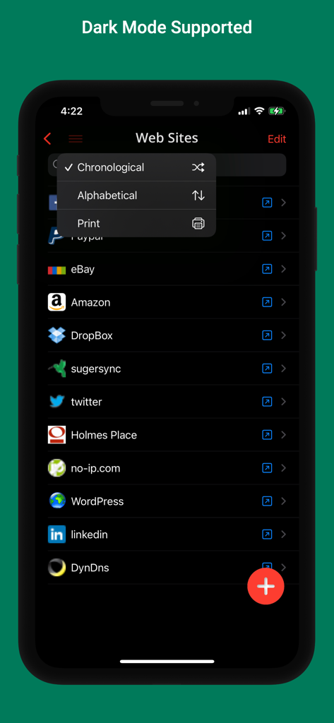 Password Manager iPassSafe . - iPassSafe password manager interface in dark mode displaying a list of websites and sorting options.