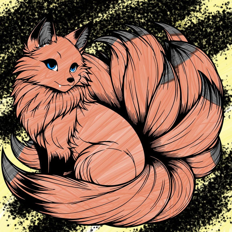 realistic detailed 9 tailed anime fox