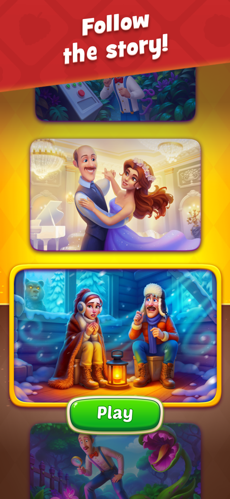 Screenshot of Gardenscapes mobile game showcasing narrative story scenes with Austin the butler and a play button