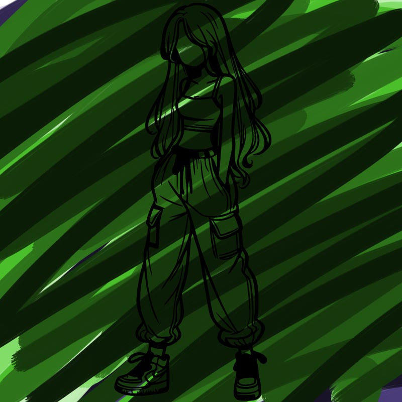 girl in baggy pants crop top and long hair