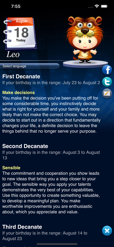 Horoscope HD+ - Leo daily horoscope reading with three decanates in the Horoscope HD plus app