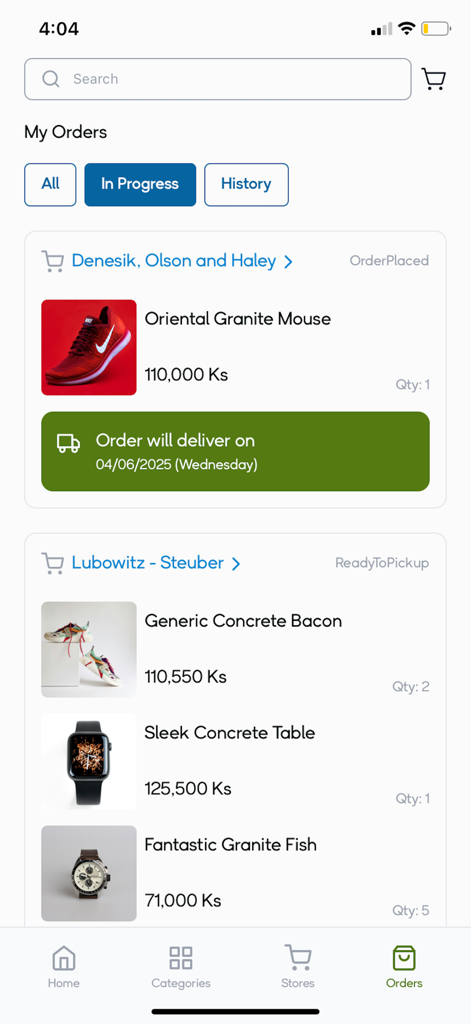 MSME by G3G - A screenshot of the MSME by G3G app showing an order history list with order statuses, product images, and delivery dates.