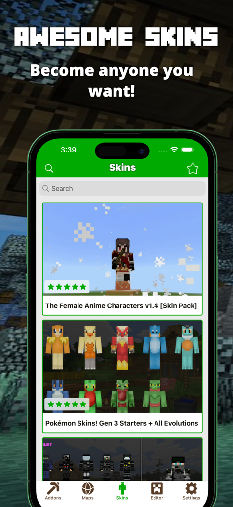 애니메이션 및 포켓몬 스킨 팩이 포함된 마인크래프트 PE용 모드 앱의 스킨 섹션 스크린샷