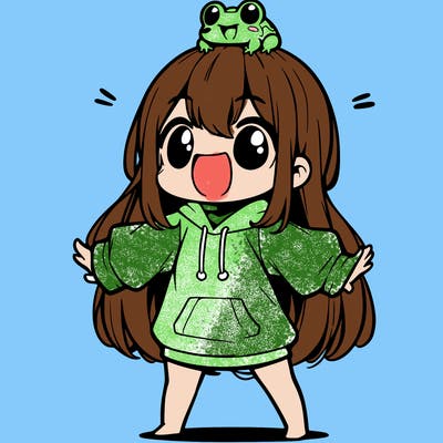 a excited chibi girl whith long hair and a baggy shirt whith a frog on there head