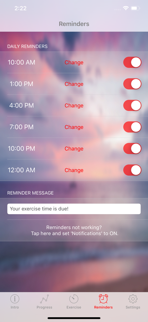 myKegel Kegel Exercise Trainer - Interface of the myKegel app showing a list of daily exercise reminders and a customizable notification message.