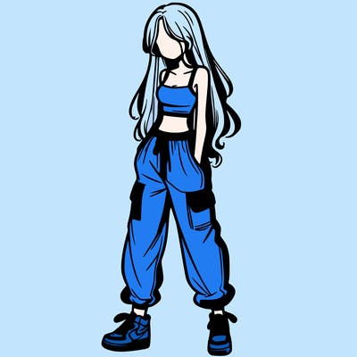 girl in baggy pants crop top and long hair