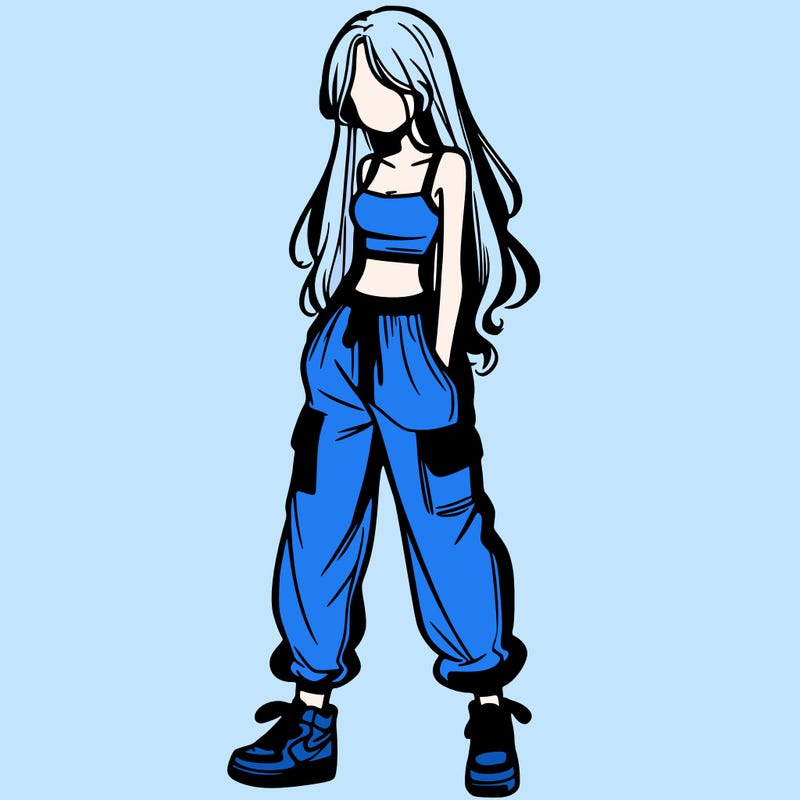 girl in baggy pants crop top and long hair