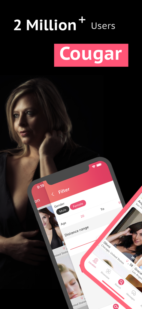 Cougar Dating Adults Singles - Interfaz de la aplicación de citas Cougar con filtros de búsqueda y perfiles de mujeres maduras