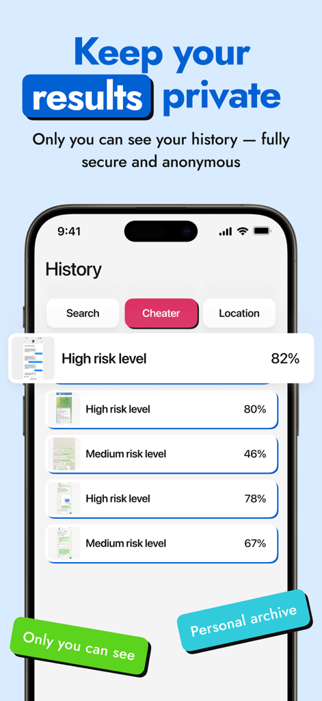 PimEyes AI: AI Checker - A mobile interface of the PimEyes AI app showing a private search history with various high and medium risk level analysis results.