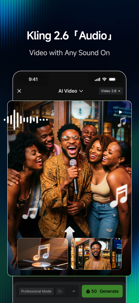 Smartphone-Bildschirm zeigt die Kling AI App-Oberfläche zur Erstellung von Videos mit synchronisiertem Audio.