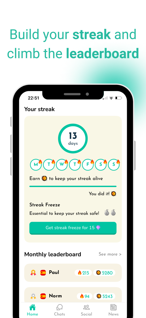 Sylvi app interface showing language learning streaks and a monthly leaderboard