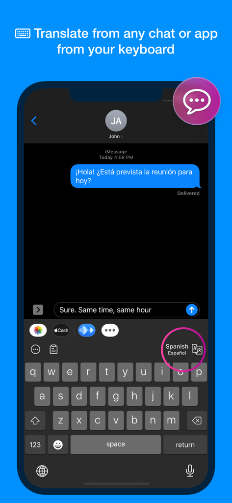 Documents Translator - Captura de pantalla de iPhone que muestra la extensión de teclado del Traductor de Documentos utilizada para traducir mensajes directamente dentro de una aplicación de chat.