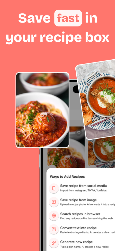Mobile app interface for Recipe Box - Recipy showing options to save recipes from social media, images, and text.