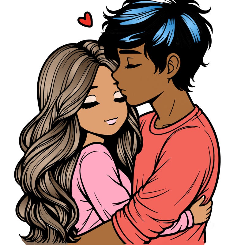 a realistic couple boy and girl hugging and kissing