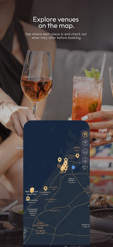 Bookem Dubai - A map interface of the Bookem Dubai app showing luxury dining and club locations across Dubai.